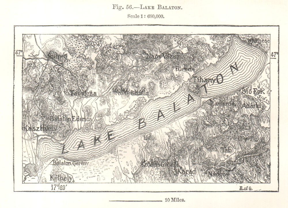 Lake Balaton. Hungary. Sketch map 1885 old antique vintage plan chart